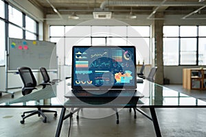 Laptop Displaying Data Analytics in Modern Office