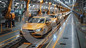 Sleek Line Of Golden Cars On An Assembly Line Flanked By Robotic Arms In A Modern Automotive Plant