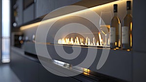 The sleek lines of the modern fireplace are complemented by the sleek angular design of the builtin wine dispenser. 2d photo