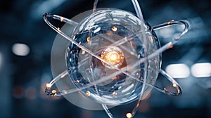 Futuristic abstract model of an atom with glowing nucleus and orbiting electrons in a high-tech environment symbolizing scientific
