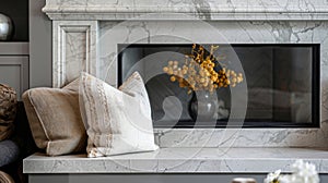 The sleek marble hearth and mantel add a touch of elegance to the cozy nook. 2d flat cartoon photo