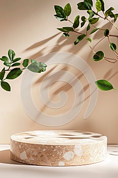 Elegant Marble Pedestal With Vining Plant Casting Shadows on a Neutral Background photo