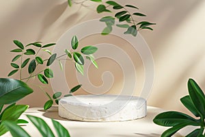 Elegant Marble Pedestal With Vining Plant Casting Shadows on a Neutral Background photo