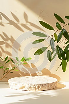 Elegant Marble Pedestal With Vining Plant Casting Shadows on a Neutral Background photo