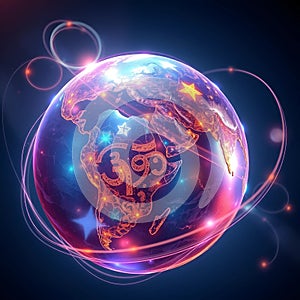 Metallic Globe with Radiant Light Trails and Religious Symbols-World Religion Day photo