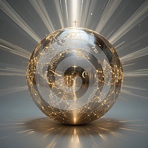 Metallic Globe with Radiant Light Trails and Religious Symbols-World Religion Day. photo