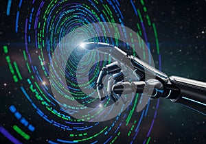 AI Robotic Hand Interacting with Digital Data Vortex