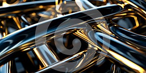 Sleek metallic rods intersecting and forming abstract structures, reflecting on a glossy black surface, 3D