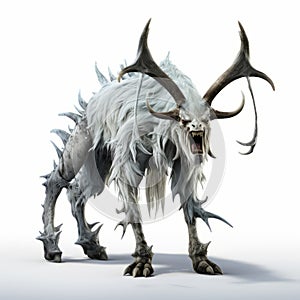 Sleek Metallic White Monster With Horns In Eastern Brushwork Style