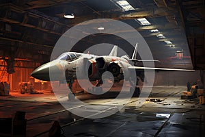 Sleek Military jet in hangar. Generate Ai