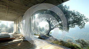 Sleek and minimalist bedroom interior flooded with natural light, featuring clean lines and contem