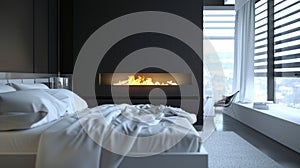 A sleek minimalist bedroom with a stunning wallmounted bioethanol fireplace adding both warmth and ambiance to the space photo