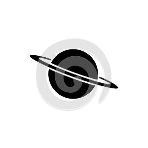 A sleek, minimalist black and white icon depicting a simple, stylized planet with rings, representing space exploration
