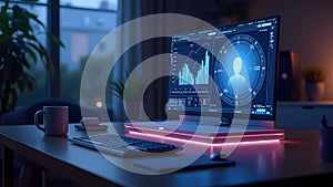 Futuristic AI Workspace: Glowing Monitor with User Profile