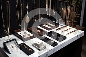 a sleek and minimalist jewelry display, showcasing a variety of styles