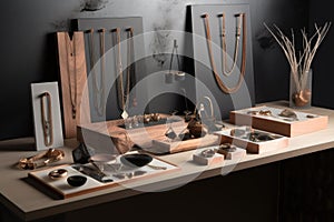 a sleek and minimalist jewelry display, showcasing a variety of styles