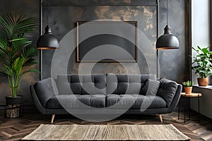 Sleek Minimalist Lounge: Grey Couch & Chic DÃ©cor. Concept Minimalist Design, Grey Sofa, Chic
