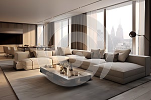 A sleek and minimalist urban living-room with a big sofa and beautiful view from the window