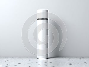 Minimalist white cylindrical bottle standing on a speckled surface against plain background