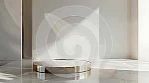 A sleek mirrored podium with a thin gold trim reflecting the simplistic yet luxurious aesthetic of the minimalist chic