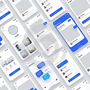 Sleek mobile application user interface designs on multiple smartphone screens, illustrating modern digital communication and user