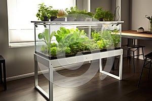 a sleek, modern aquaponics and hydroponic system in a minimalist setting