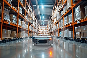 Automated Guided Vehicle (AGV) Navigating Modern Warehouse Aisles photo