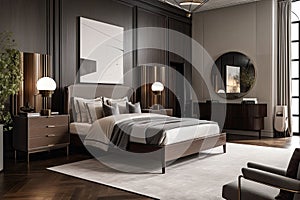 a sleek and modern bedroom, with a dresser, nightstand, and armoire in art deco style