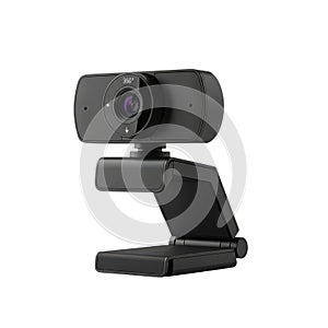 A sleek modern black webcam with a flexible stand for computer video communication isolated on white background
