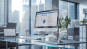 Modern Business Office Workspace with Desktop Computer and Laptop Showing Data Analytics