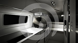 A sleek, modern camper van interior with a compact kitchen and minimalist design. digital