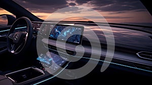 Car Interior Dashboard, Modern Electric Vehicle Technology at Sunset