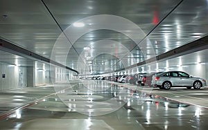 Sleek modern car park interior with symmetrical lighting and parked cars, depicting urban infrastructure.
