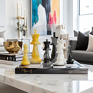 Sleek Modern Chess Set on White Marble Table - Vibrant Colors, Elegant Surroundings