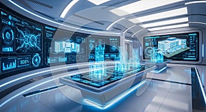 Futuristic Control Room with Advanced Technology and Data Visualization