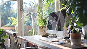 A sleek modern desk filled with biohacking tools and gadgets to optimize cognitive performance.