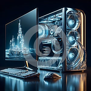 A sleek, modern desktop computer setup is displayed in a dimly lit environment.