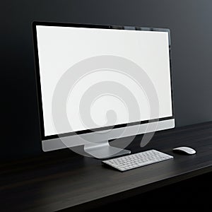 A sleek modern desktop computer setup featuring a large monitor with a reflective