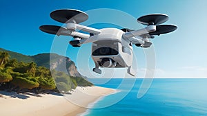 A sleek modern drone with four rotors flying over a serene coastal landscape photo