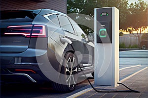 The sleek and modern electric suv car sits at the cutting-edge RapidCharge station, its lines and curves