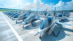 The sleek and modern eVTOLs lining up in perfect rows awaiting their next passengers
