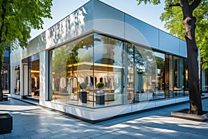A sleek and modern fashion boutique with a glass storefront and big window, viewed from the street