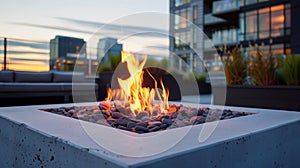 The sleek and modern fire pit serves as the centerpiece of this urban rooftop oasis. 2d flat cartoon photo