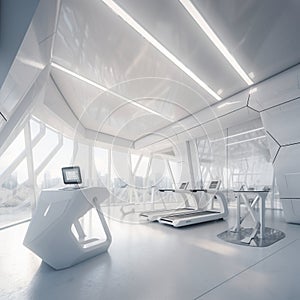 Sleek Modern Fitness Center with Futuristic Technological Light Silver Podium