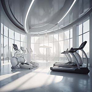 Sleek Modern Fitness Center with Futuristic Technological Light Silver Podium