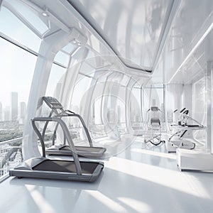 Sleek Modern Fitness Center with Futuristic Technological Light Silver Podium