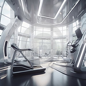 Sleek Modern Fitness Center with Futuristic Technological Light Silver Podium