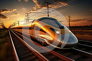 Sleek and modern high speed train rushing along the tracks with dramatic motion blur effect