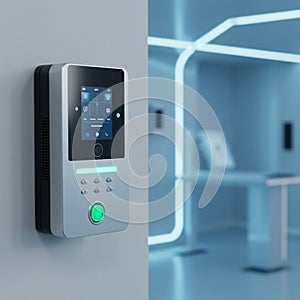 A sleek, modern intercom system is mounted on a wall, featuring a digital touch