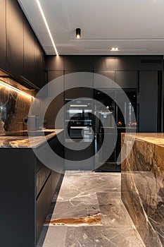 Sleek modern kitchen with black marble countertops and dark cabinetry photo